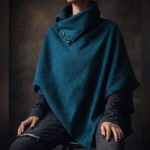 Vintage Turquoise Blue Italian-Made Button High Collar Boho Cape Poncho